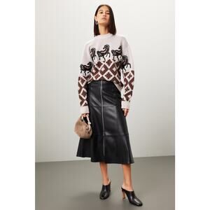 AUTUMN ADEIGBO Brown Horse Printed 100% Virgin Wool Marla Turtleneck Top Small